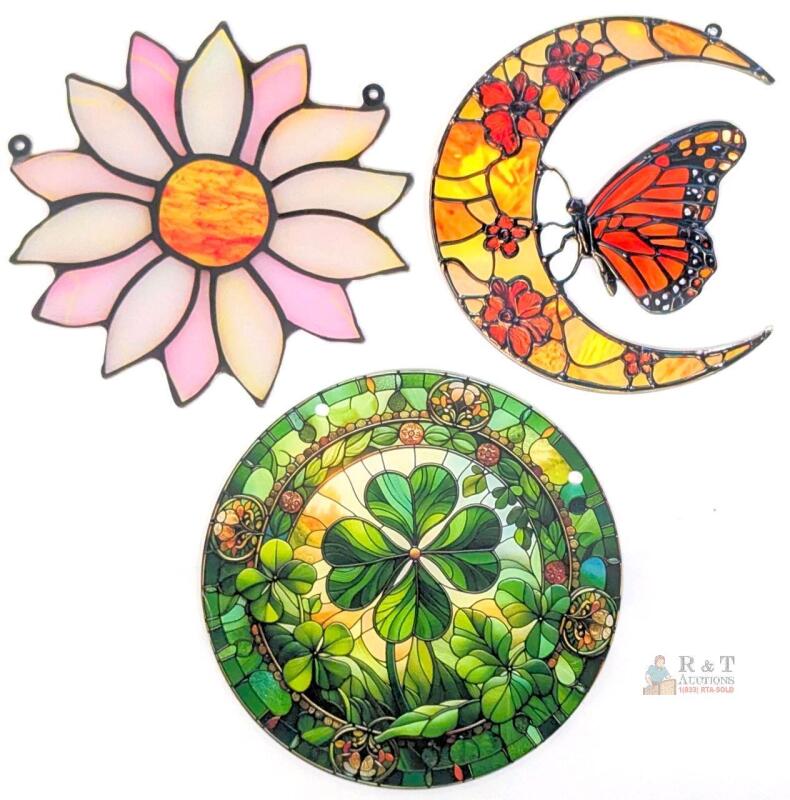 NEW Set of 3 Stained Glass Suncatchers: Moon Butterfly, Pink Flower, Clover, 7.5-8.5 Inch