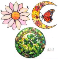 NEW Set of 3 Stained Glass Suncatchers: Moon Butterfly, Pink Flower, Clover, 7.5-8.5 Inch