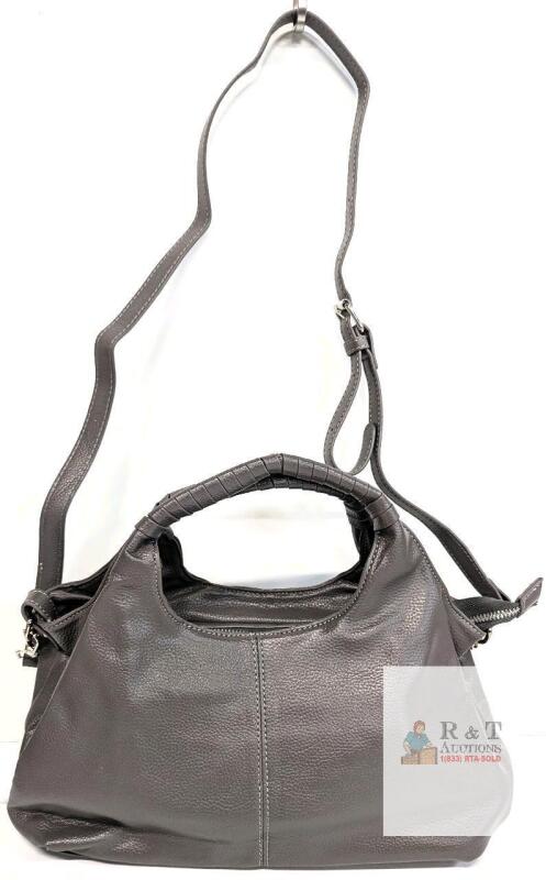 Gray Leather Satchel Shoulder Bag, Dual Handles, Crossbody Strap, 15.5"x10", Multiple Compartments