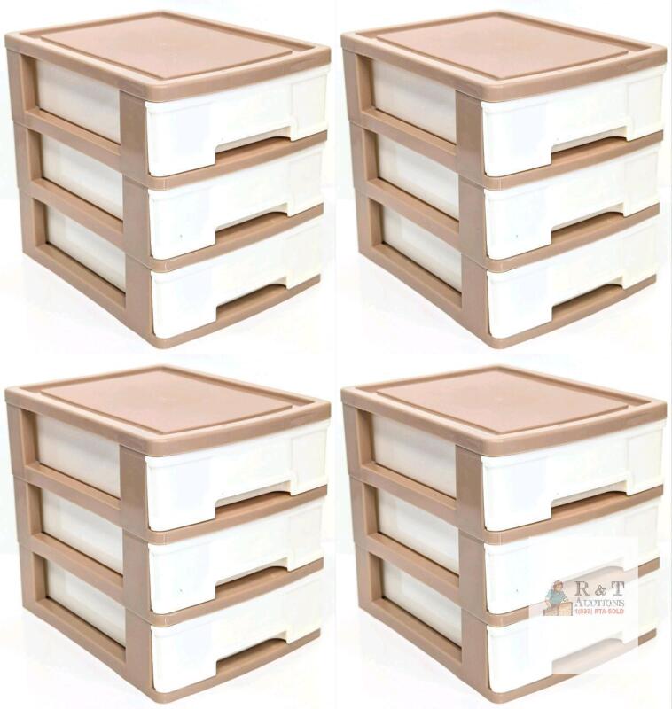 Plastic 3-Drawer Desktop Storage Organizer, Beige/White, 9.5"x7"x7.5", Set of 4