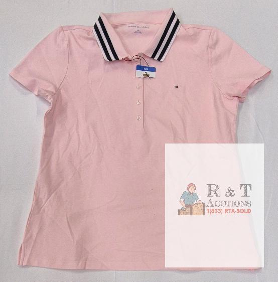 NEW Tommy Hilfiger Women's Large Pink Polo Shirt, Short Sleeve, Stripe Collar, Logo, Vietnam