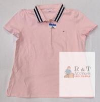 NEW Tommy Hilfiger Women's Large Pink Polo Shirt, Short Sleeve, Stripe Collar, Logo, Vietnam