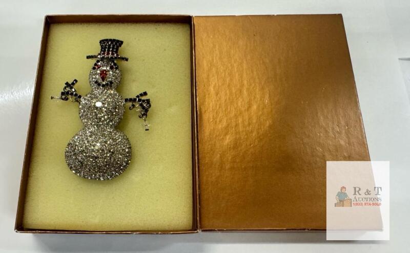 Large Rhinestone Snowman Holiday Brooch with Crystal Accents, Silver-Tone, Boxed