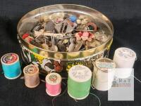 Large Vintage Floral Tin of Buttons, Wooden Thread Spools, Safety Pins & Sewing Notions USA