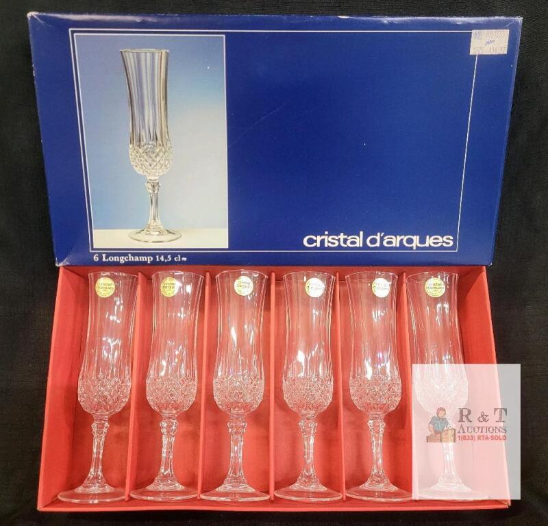 Cristal d'Arques Longchamp Champagne Flutes, Set of 6, Lead Crystal, 4.9oz, France, w/Box