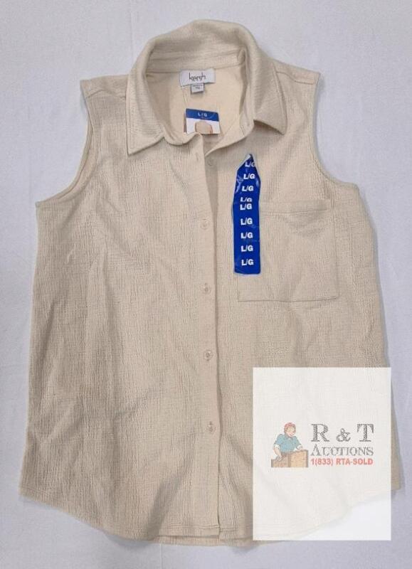 NEW Kersh Sleeveless Button-Up Shirt, Beige, Size Large, Serial 1868848, Collared, Chest Pocket
