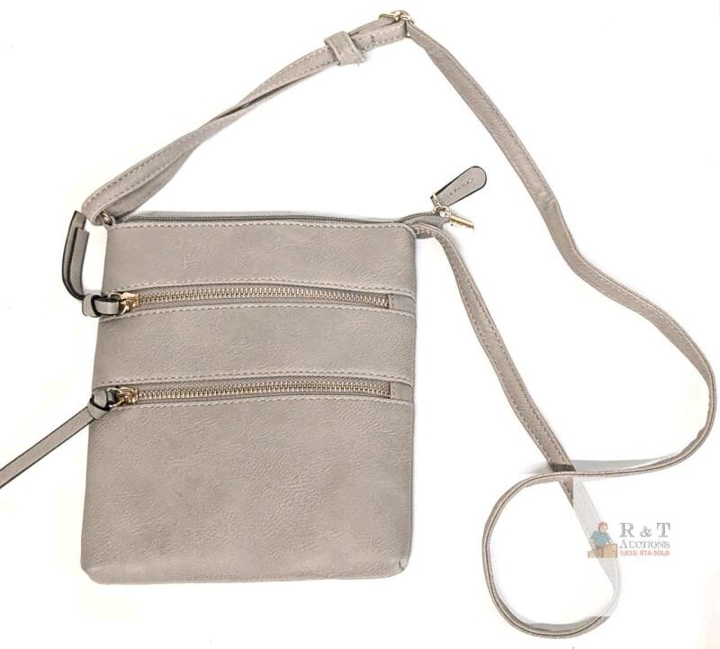 Light Gray Faux Leather Crossbody Purse, 3 Zippered Compartments, Adjustable Strap, Stripe Lining