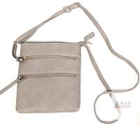 Light Gray Faux Leather Crossbody Purse, 3 Zippered Compartments, Adjustable Strap, Stripe Lining