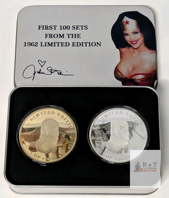 [Rare] Limited Edition JULIE STRAIN (1962&ndash;2021) FANS CLUB Wonder Woman Collectable Medallion Pair in Collectable Metal Tin, February 18, 1962 Concord California, From First 100 Sets, Coins in Hard Protective Cases, 2.3" Diameter Each