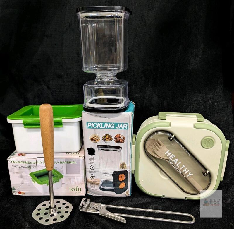 Kitchen Prep Set: Tofu Press, Pickling Jar, 3-Compartment Bento, Masher, Jar Lifter, Utensils