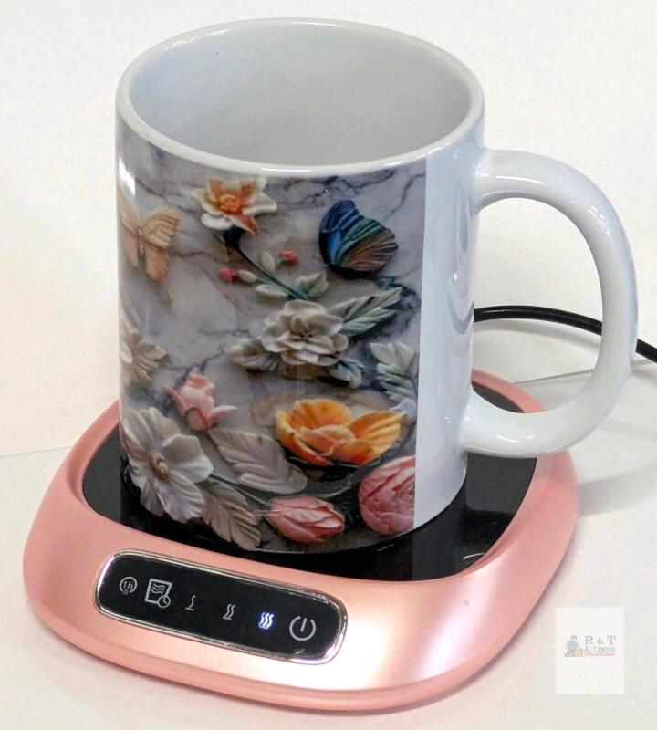 Floral 3D Ceramic Mug & Rst-77 Electric Constant Temperature Mug Warmer Coaster, 10W USB