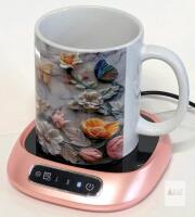 Floral 3D Ceramic Mug & Rst-77 Electric Constant Temperature Mug Warmer Coaster, 10W USB