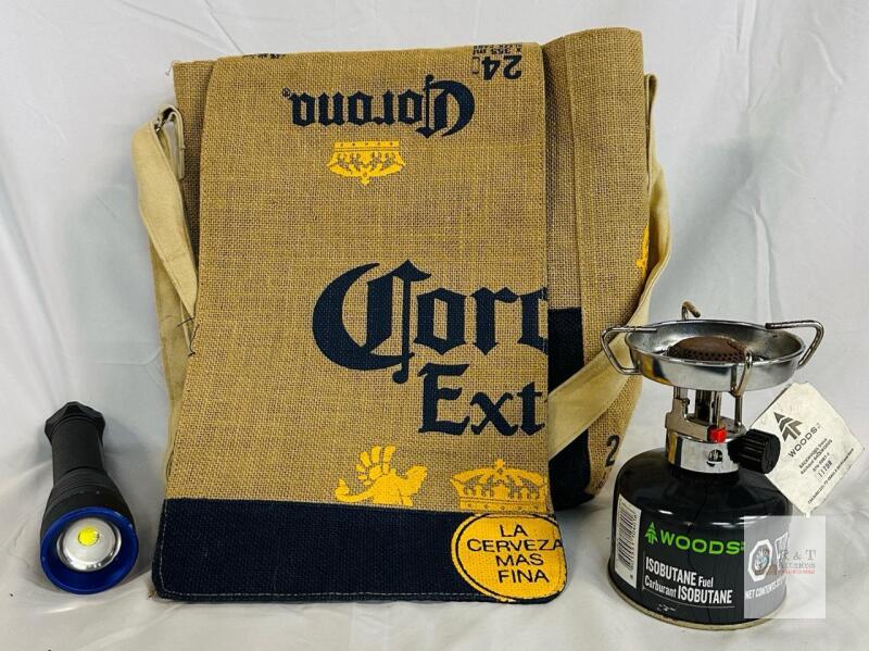 WOODS Backwoods Stove 227g, Skylar 3300 Flashlight, Corona Extra Messenger Bag