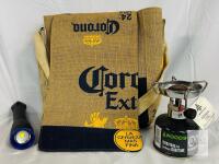 WOODS Backwoods Stove 227g, Skylar 3300 Flashlight, Corona Extra Messenger Bag