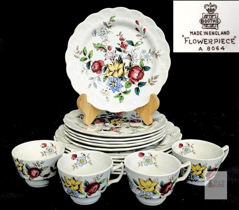 Booths England Flowerpiece A8064 Dinner and Dessert Plates (7.25&rdquo;) & 4 Teacups Multicolor Floral Set