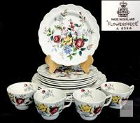 Booths England Flowerpiece A8064 Dinner and Dessert Plates (7.25&rdquo;) & 4 Teacups Multicolor Floral Set