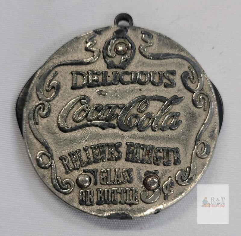 Vintage Coca-Cola Advertising Pocket Knife / Cigar Cutter , Double Blades, 1.5" Round, 5&cent; Slogan, Metal Medallion