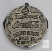 Vintage Coca-Cola Advertising Pocket Knife / Cigar Cutter , Double Blades, 1.5" Round, 5&cent; Slogan, Metal Medallion