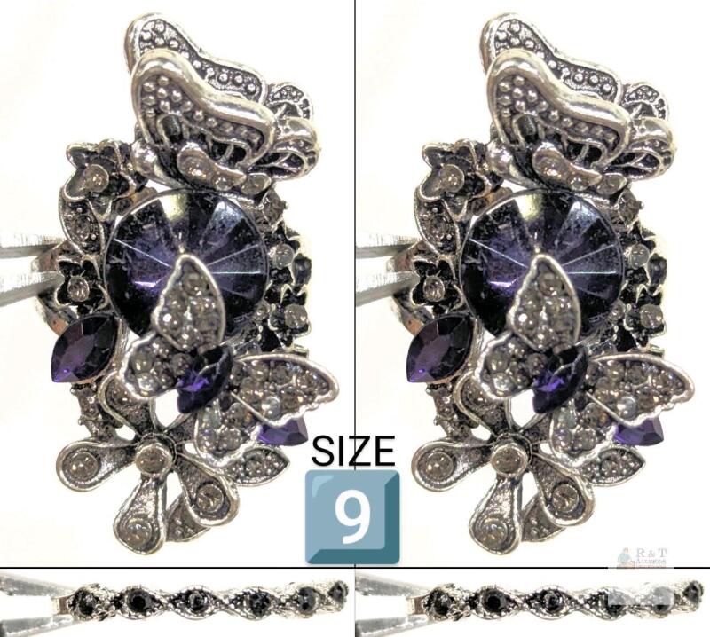Butterfly & Floral Silvertone Purple Statement Ring Set, Size 9, Accent Stones, Contemporary Design