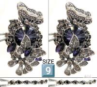 Butterfly & Floral Silvertone Purple Statement Ring Set, Size 9, Accent Stones, Contemporary Design