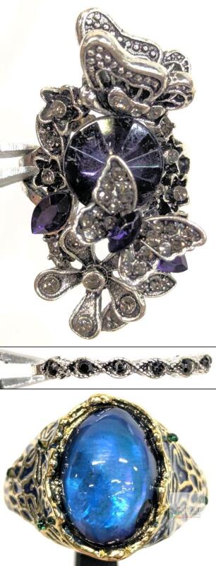 Set of Three Size 9 Fashion Rings, Butterfly Floral Silver Tone, Blue Cabochon, Black Eternity Band