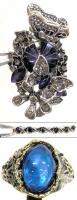 Set of Three Size 9 Fashion Rings, Butterfly Floral Silver Tone, Blue Cabochon, Black Eternity Band