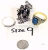 Set of Three Size 9 Fashion Rings, Butterfly Floral Silver Tone, Blue Cabochon, Black Eternity Band - 2