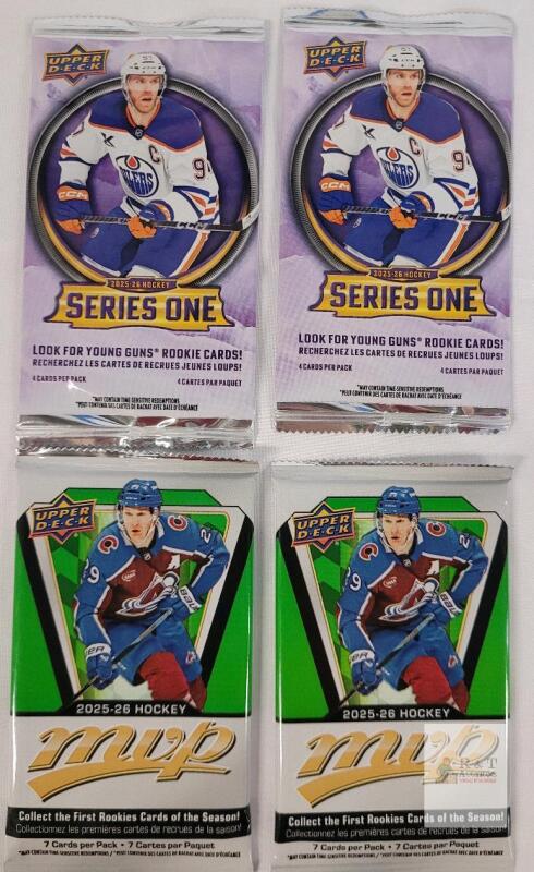 2025-26 Upper Deck NHL Hockey Card Packs: 2 Series One Young Guns, 2 MVP Rookie Packs, Sealed