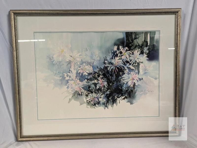 Signed Framed Original Watercolor Flower Painting, Approx. 36" x 28.5", Double Matted