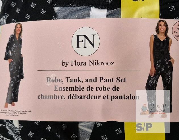 NEW Flora Nikrooz FN 3-Piece Sleepwear Set Robe, Tank & Pants, Black Floral, Size Small/Petite S/P