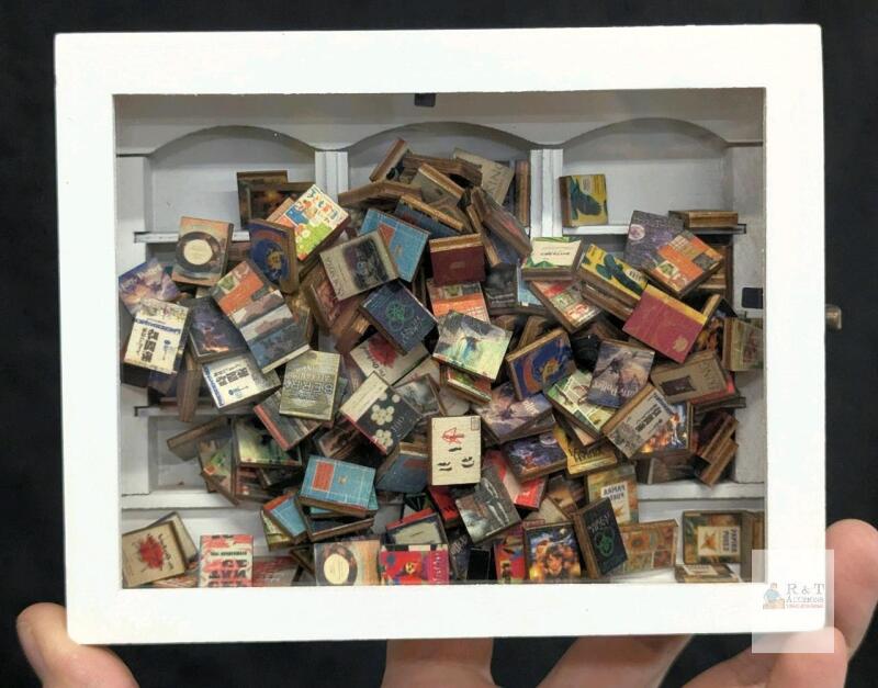Miniature Book Collection - 100 Wooden Books with White Display Case, Glass Front, Brass Latch