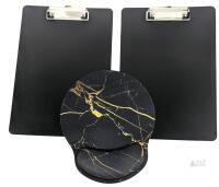 Set of 2 Black 8.5x12.5" Clipboards with Metal Clips & Ergonomic Gold Marble Mouse Pad Wrist Rest