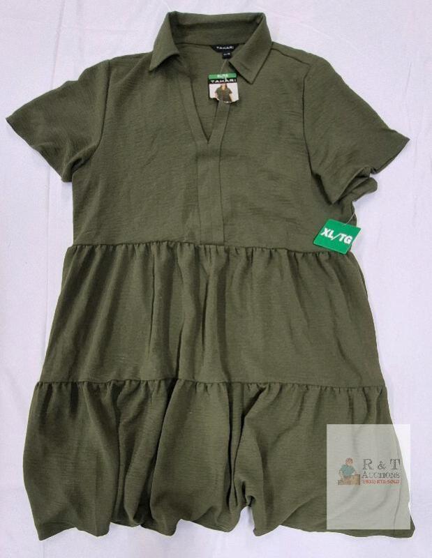 NEW Tahari Tiered Shirt Dress, Olive Green, XL, Short Sleeve, Relaxed Fit, New with Tags
