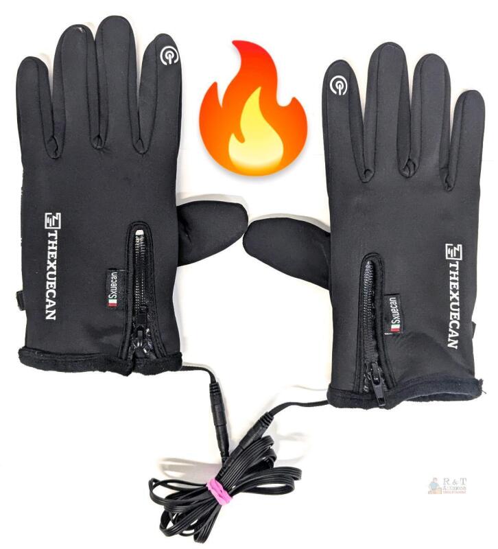 NEW O/S THEXUECAN Electric Heated Gloves, Black, Touchscreen, 3 Settings, Power Cable, Zipper Pocket