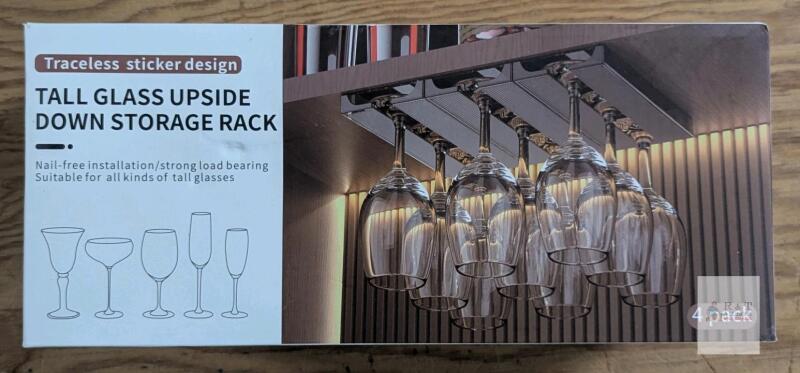 NEW Traceless Adhesive 4-Pack Under Cabinet Wine Glass Rack, HIPS Plastic, Fits 3-4 Stemmed Glasses