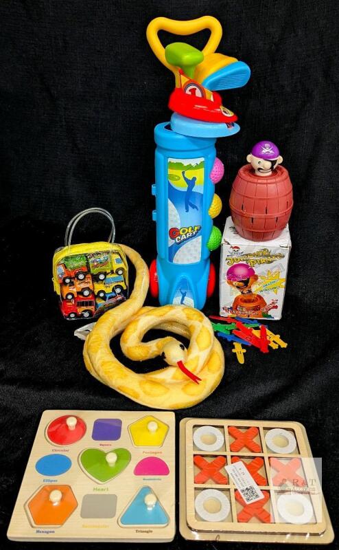 Assorted Children's Toys Lot: Plush Snake, Toy Golf Set, Jumping Pirate, Wooden Puzzles, Mini Cars