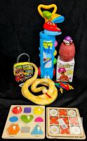 Assorted Children's Toys Lot: Plush Snake, Toy Golf Set, Jumping Pirate, Wooden Puzzles, Mini Cars