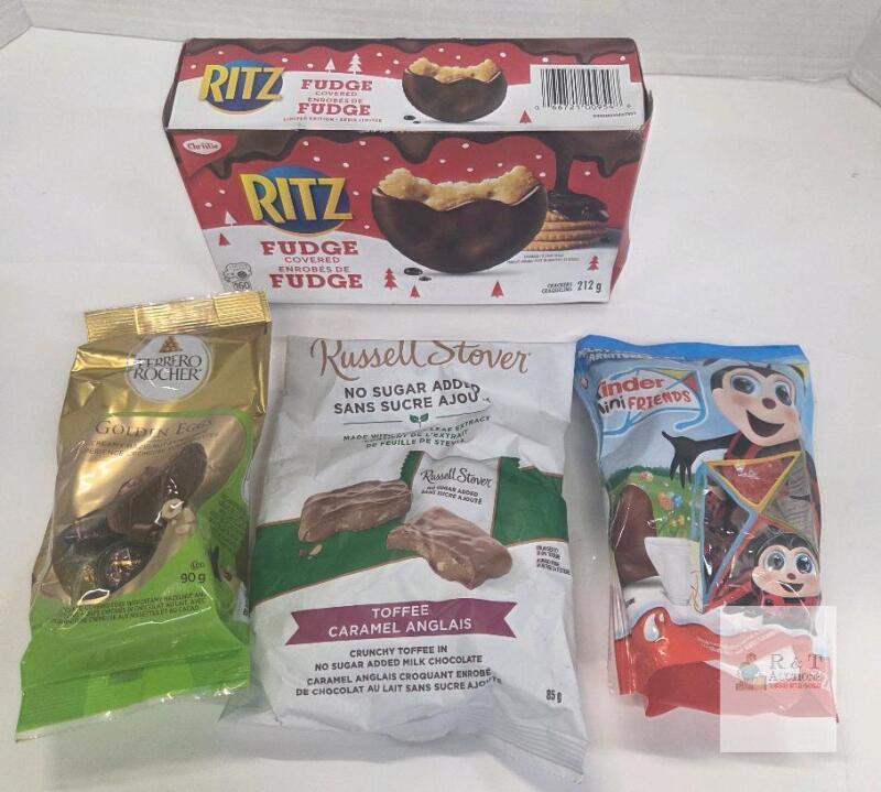 best before dates in 2025 Ritz Fudge Covered, Ferrero Golden Eggs, Russell Stover, Kinder Mini 4-Pack, Exp 2025