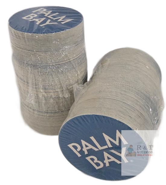 Palm Bay Branded Cardboard Drink Coasters, 3.5" Round, Blue Logo, Shrink Wrapped Stacks