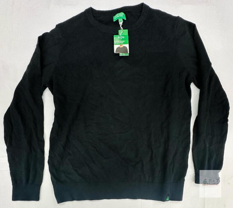 NEW United Colors of Benetton Men&rsquo;s XL Black Crew Neck Cotton Sweater, Long Sleeve, New with Tags