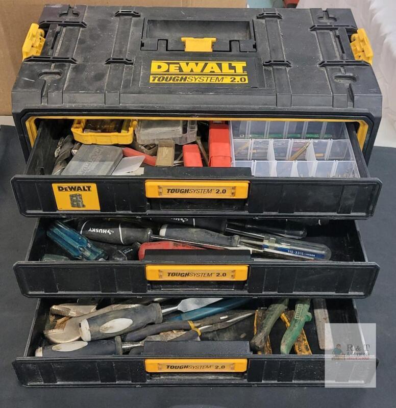 DeWalt ToughSystem 2.0 3-Drawer Tool Box w/ 50+ Mixed Hand Tools, Husky, Stanley, Drill Bits, visible cosmetic wear and some rust on a few tools, locks/keys not included.