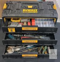DeWalt ToughSystem 2.0 3-Drawer Tool Box w/ 50+ Mixed Hand Tools, Husky, Stanley, Drill Bits, visible cosmetic wear and some rust on a few tools, locks/keys not included.