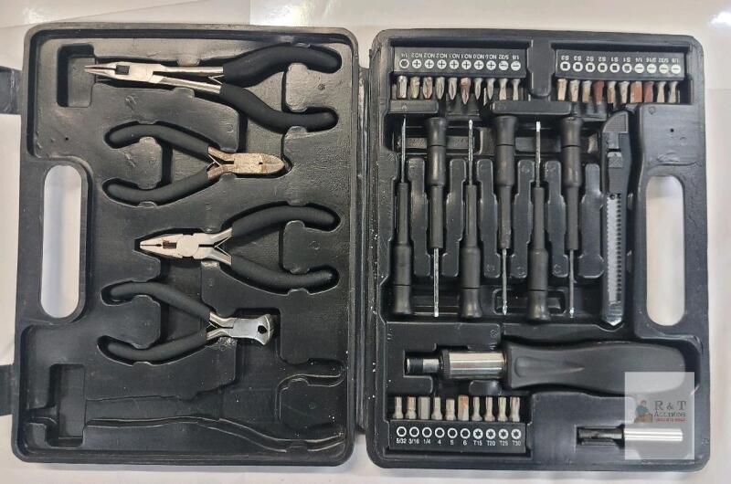 Precision Mini Tool Kit with Pliers, Screwdrivers, Bits, Carrying Case, some bits show rust,