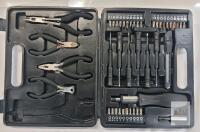 Precision Mini Tool Kit with Pliers, Screwdrivers, Bits, Carrying Case, some bits show rust,