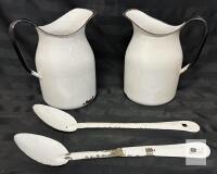 Vintage White Enamelware Set &ndash; 2 Pitchers (8"x6") & 2 Spoons (14") &ndash; Black Trim, 1930s-50s
