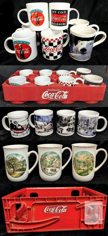 Coca-Cola MugS, Currier & Ives & Gibson Assorted Designs, 2002 with Red Coca-Cola Crates