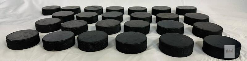 Lot of 25 Official Black Ice Hockey Pucks, Standard Size, Used, 3"x1", 6oz Each