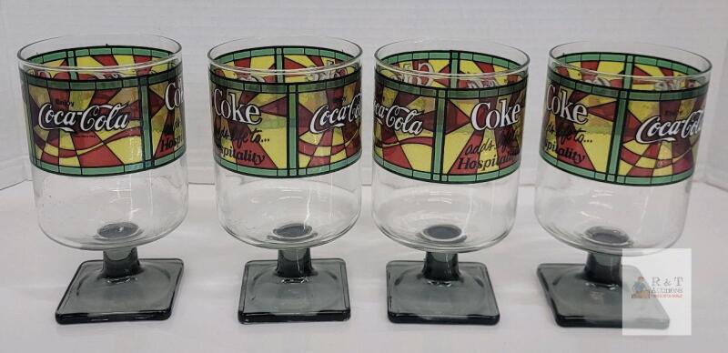 Coca-Cola Stained Glass Pedestal Goblet Set of 4, 12 oz, Square Base, Vintage 1970s-80s