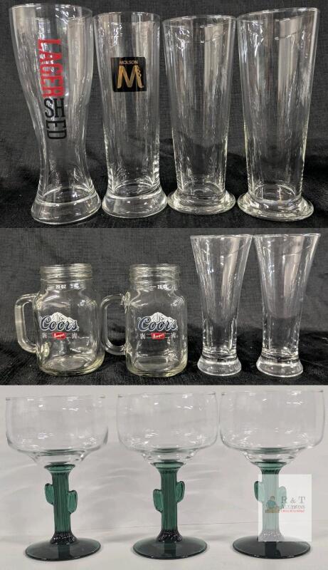 Assorted Bar Glassware Set: Lager Shed/Molson/Coors Mugs, Cactus Margarita Glasses, 11 pc Lot