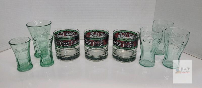 9 Vintage Coca-Cola Embossed & Stained Glass Logo Tumblers & Lowball Glasses no chips or cracks, hand washing recommended for longevity.